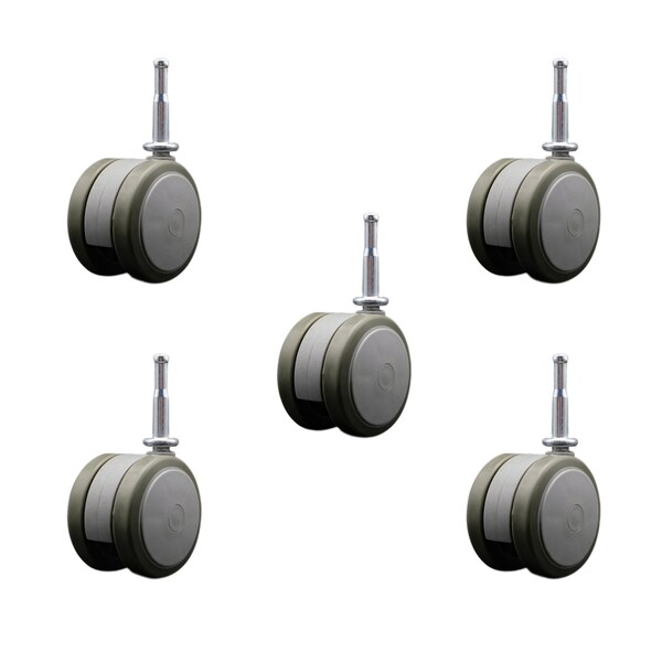 2-3/8'' Gray Floor Safe Twin Wheel Casters 5/16 Grip Neck Stem, 5PK